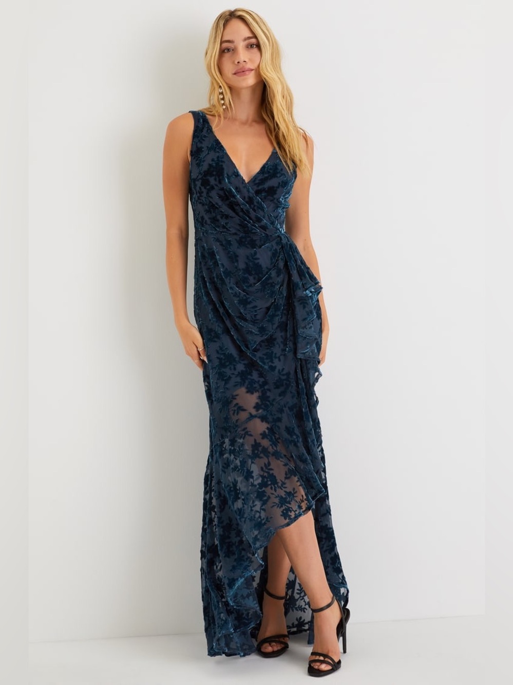 Lulus Navy Floral Velvet Burnout Ruffle Maxi Dress XL